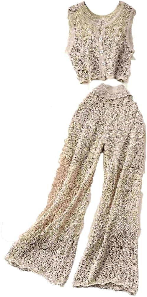 Women Suit Bohemian Holiday Hollow Out V-Neck Knitted Top+High Waist Wide Leg Two Piece Set