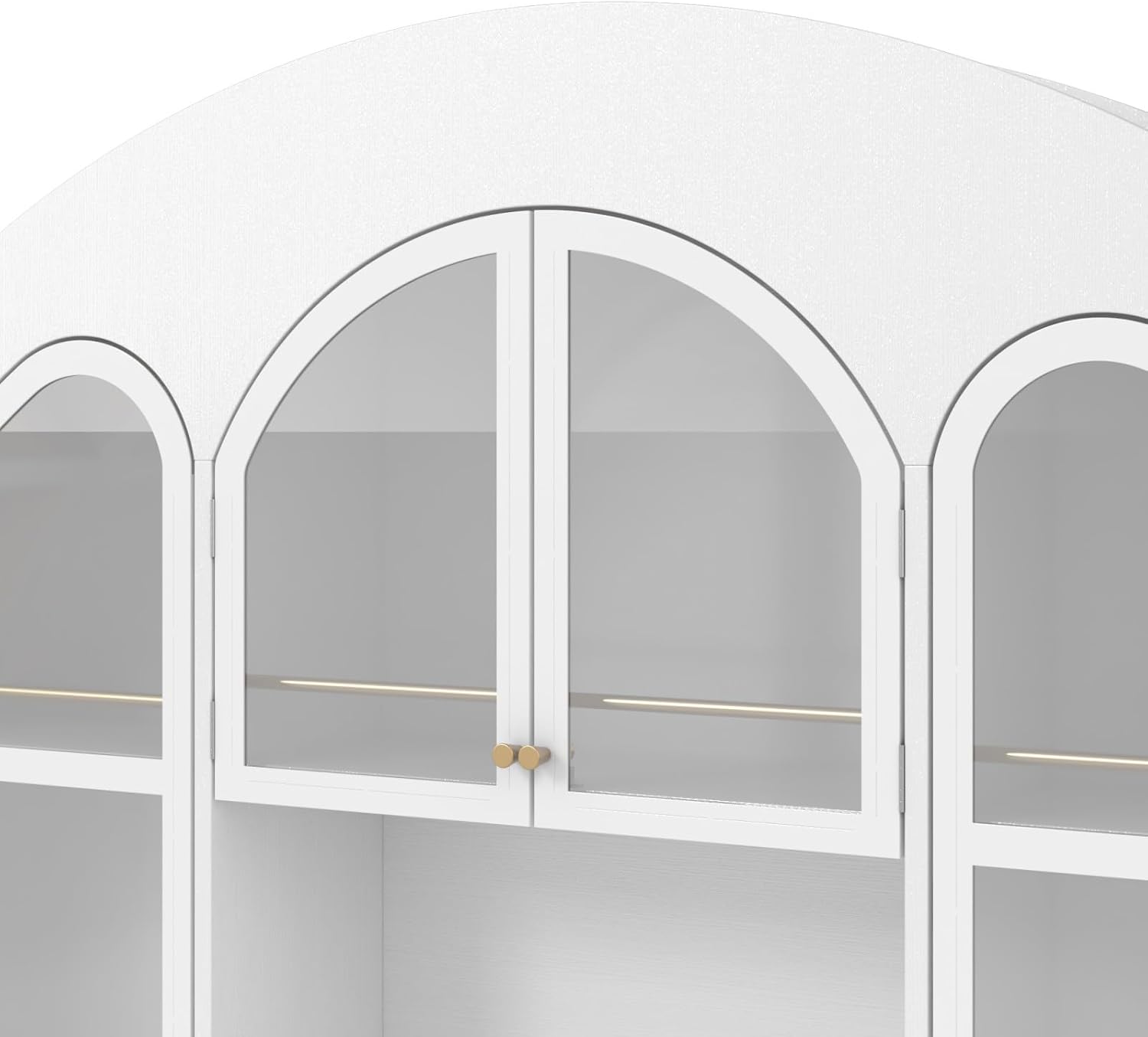 FAMAPY 63 Inch Arched Top Buffet Sideboard with LED Lights and Glass Doors, Faux Marble Countertop, Fluted Door, Gold Handles, Kitchen Buffet Hutch, White
