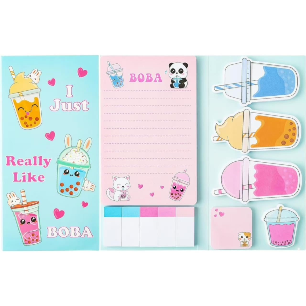 Milk Tea Notes Set, 550 Sheets,Cute Cartoon Dog Post It Notes with 3 Point Pens, Self-Adhesive Writing Memo Pages Back to School Office Supplies