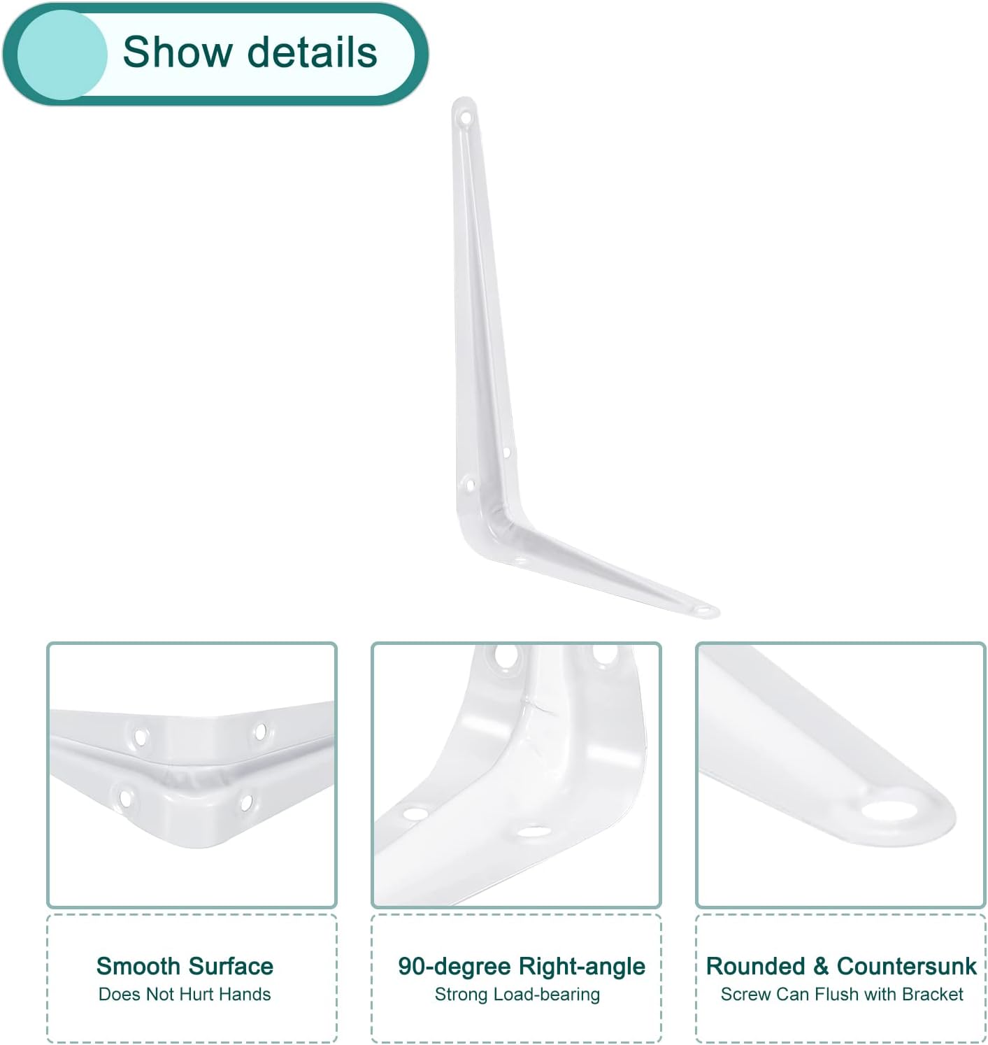 uxcell Shelf Bracket 8 x 6 Inch, 4Pcs Metal L Brackets Floating Shelf Brackets Wall Angle Bracket Corner Brace for Wood Board, White