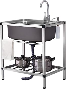 Free Standing Single Bowl Sink Utility Sink,Thicken 304 Stainless-Steel kitchen Sinks with Drainboard 1 Compartment with Faucet,for Garage,Restaurant,Kitchen,Laundry Room,Indoor Outdoor  Color Sing