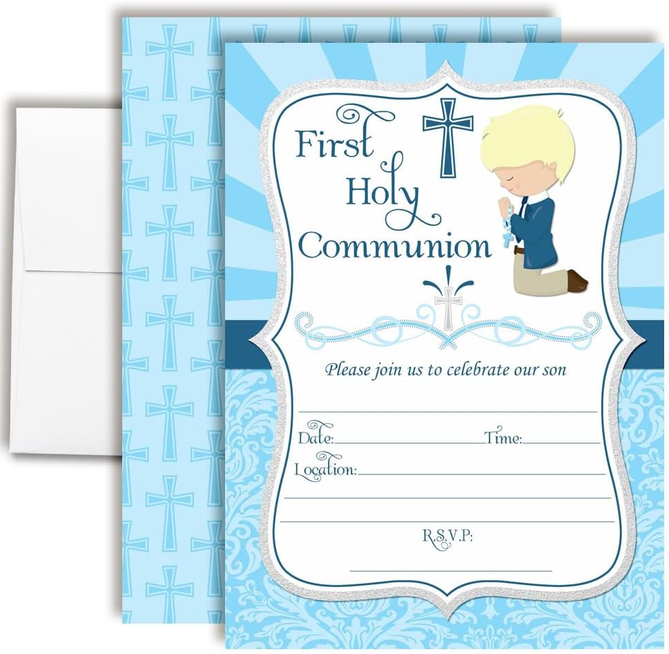 First Holy Communion Religious Party Invitations for Boys (Light Skin, Blond Hair), 20 5x7 Fill In Cards with Twenty White Envelopes by AmandaCreation