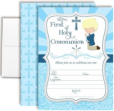 First Holy Communion Religious Party Invitations for Boys Light Skin, Blond Hair, 20 5x7 Fill In Cards with Twenty White Envelopes by AmandaCreation