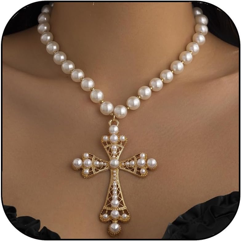 Cross Necklace for Women Gothic Cross Necklace Pearl Choker Necklaces Chunky Big Pearl Necklaces Vintage Charm Black Jewelry Goth Accessories Gothic Jewelry Gifts for Women