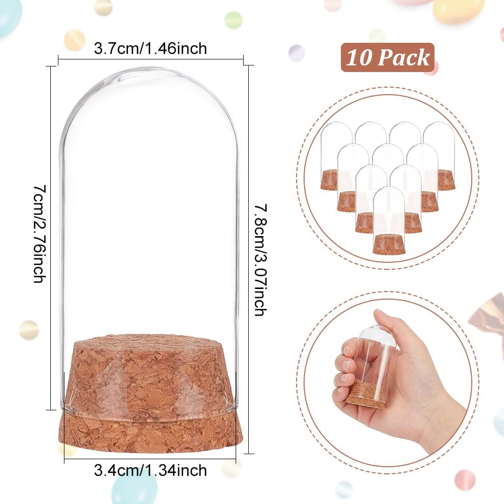 BENECREAT 10Pcs Glass Bottles Jars with Cork Stoppers, Wooden Dome Cloche Cover and Clear Bottles for Party Decorations, Candy Storage, 1.5x3.4inch
