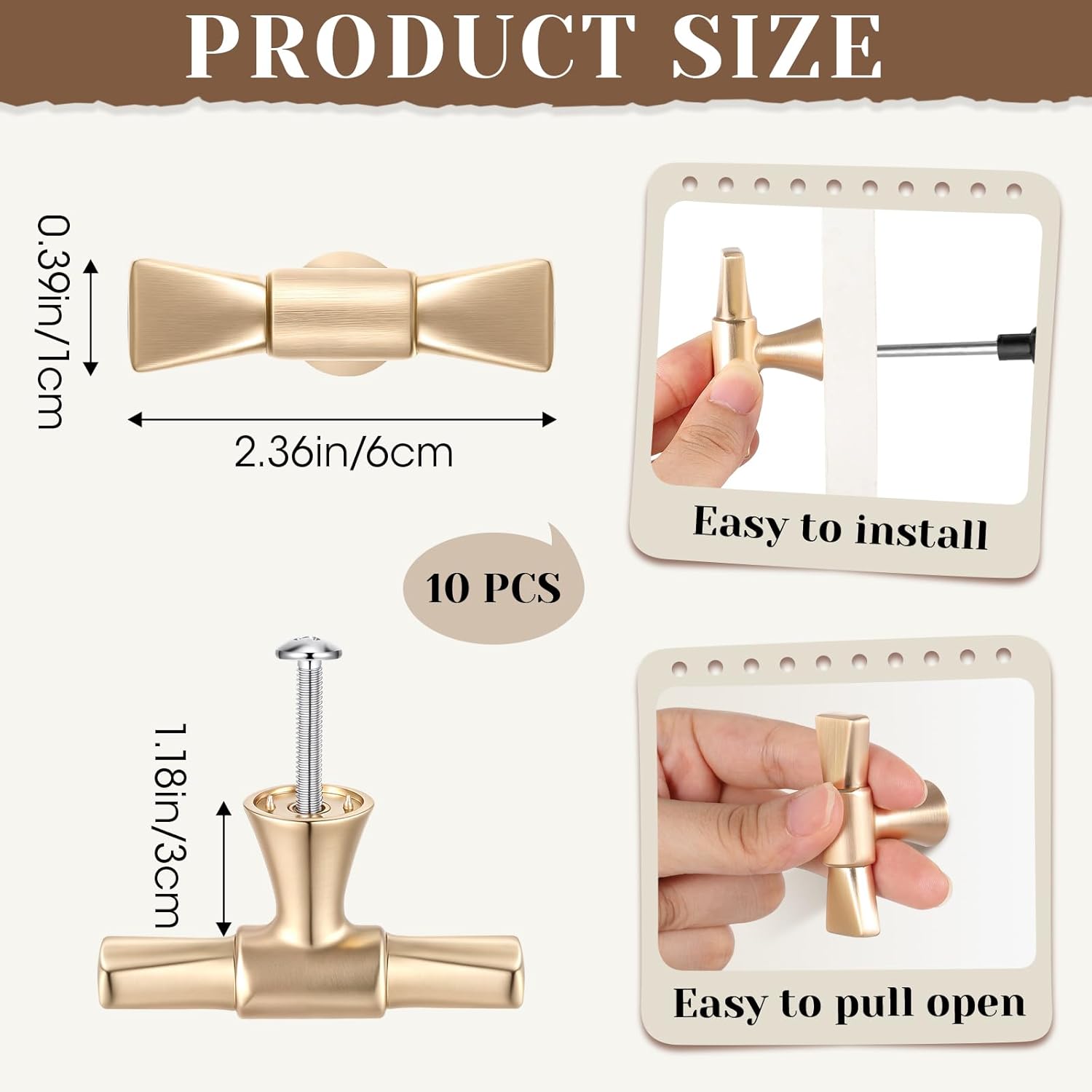 10 Pcs Gold Bow Drawer Knobs Bow Knobs for Dresser Decorative Antique Metal Drawer Pulls Vintage Cabinet Handles for Home Bedroom Kitchen Cabinets Hardware Cupboard Wardrobe Closet