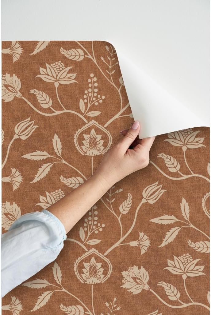 Peel & Stick Wallpaper 3ft x 2ft - Chintz Floral Block Print Earth Tone Terra Cotta Rust Traditional Large Scale Rustic Farmhouse Warm Custom Removable Wallpaper by Spoonflower