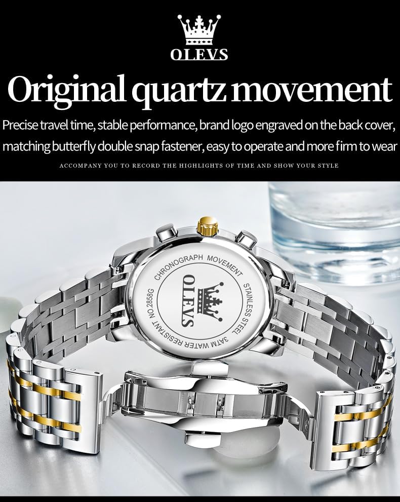 Miniatura 9 de OLEVS Reloj de lujo para hombre, resistente al agua, luminoso, fácil de leer, cronógrafo, dorado, blanco, diario, negro, con calendario, reloj de