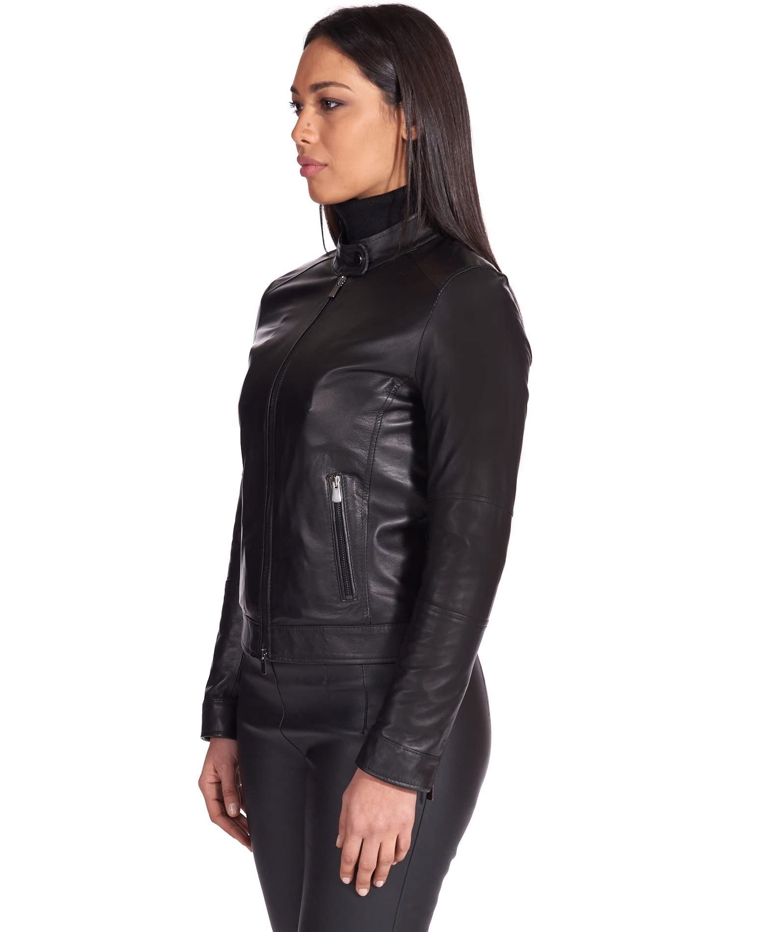 D'Arienzo Veste en Cuir Italien Agneau Femme Noir Véritable Motard Made in Italy Linda