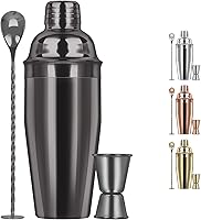 Tiawudi 24oz Black Stainless Steel Cocktail Shaker Set with Built-in Strainer, Jigger & Bar Spoon - Pro Bartender Kit for Home & Bar