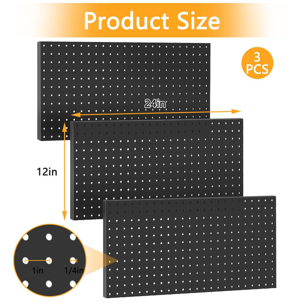3 paneles de metal para pared, herramientas de garaje, sistema de almacenamiento para garaje, banco de trabajo, tienda, tablero organizador de tablero de clavijas resistente (paquete de 3,