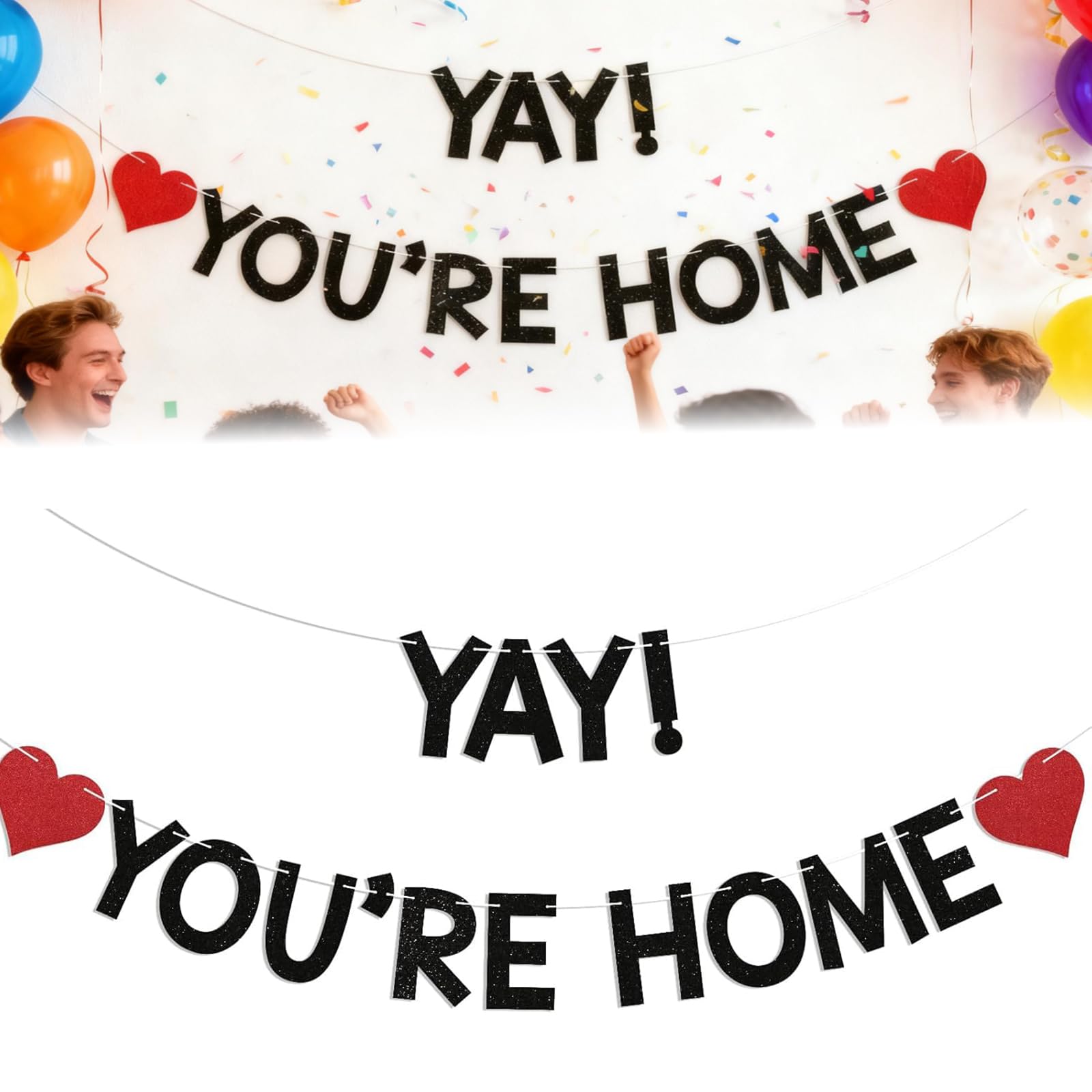 Welcome Home Banner Black Glitter, Yay! You’re Home Garland for Welcome Back Party, Reusable Paper Decoration for Door & Wall