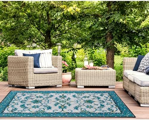 Liora Manne Visions IV Indoor/Outdoor Handmade Polyester Durable Area Rug - Traditional Border Casual Floral Accent (Palazzo Azure) (3'6" x 5'6")