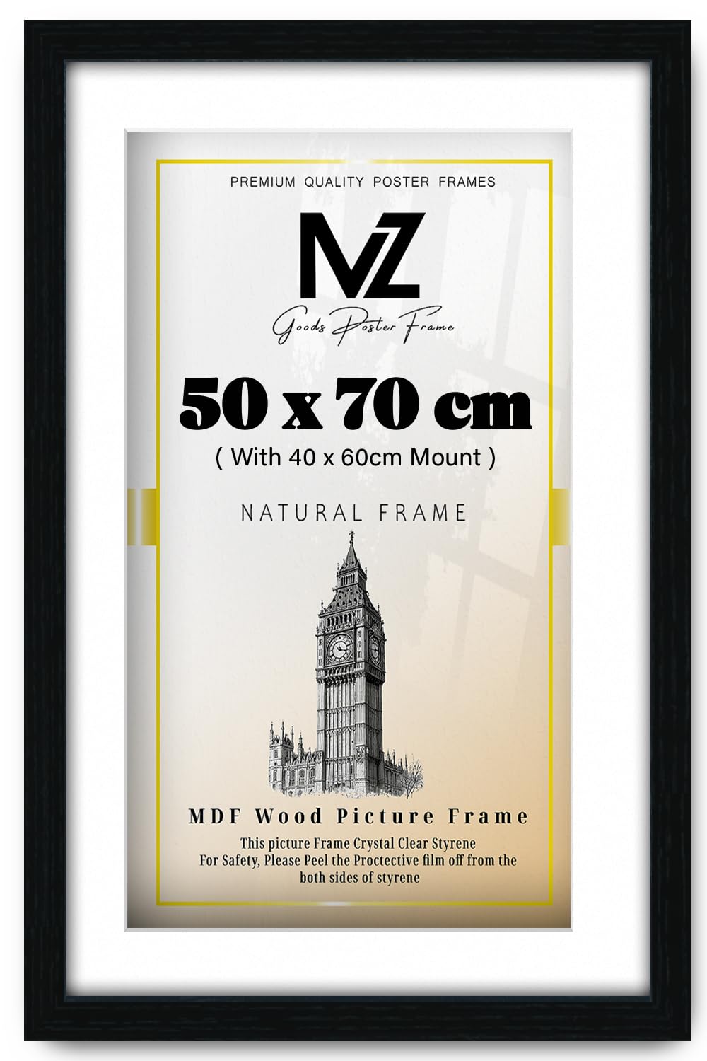 MZ GOODS | MDF Premium Wall Hanging Frame (50 x 70 cm) With (23.62 x 15.74 Inch) White Mount Engineered Wood | 28X20 Inch Certificate, Painting, Professional Display [ Black ]