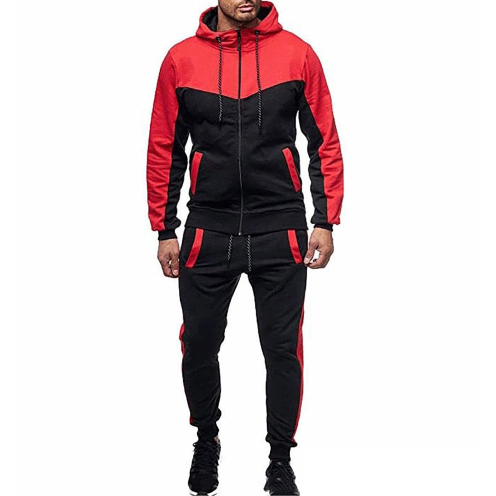 Męski dres treningowy, 2-częściowy, zapinana na zamek bluza z kapturem i joggery, zielono-czarna odzież sportowa dla mężczyzn, miękka bawełniana dres treningowy z kieszeniami, lekki, wygodny strój na