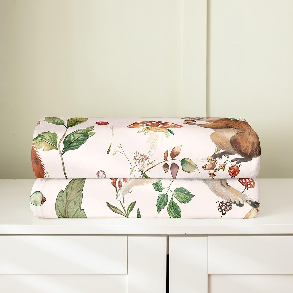 Rustic Animals Flannel Blanket Queen 90"x90",Jungle Rabbits Squirrel Bed Sofa Blankets for Kids Boys,Watercolor Trippy Mushroom Fuzzy Blanket,Nature Leaves Botanical Plants Breathable Blanket