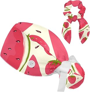FVQL 2 Pieces Surgical Cap for Long Hair Scrub Cap with Hairband Nurse Cap, Watermelon and Strawberry