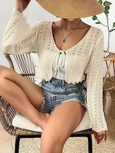 Image of Verdusa Women's Tie Front Crop Cardigan Bell Long Sleeve Scalloped Lightweight Knit Tops Summer Beach Cover Up