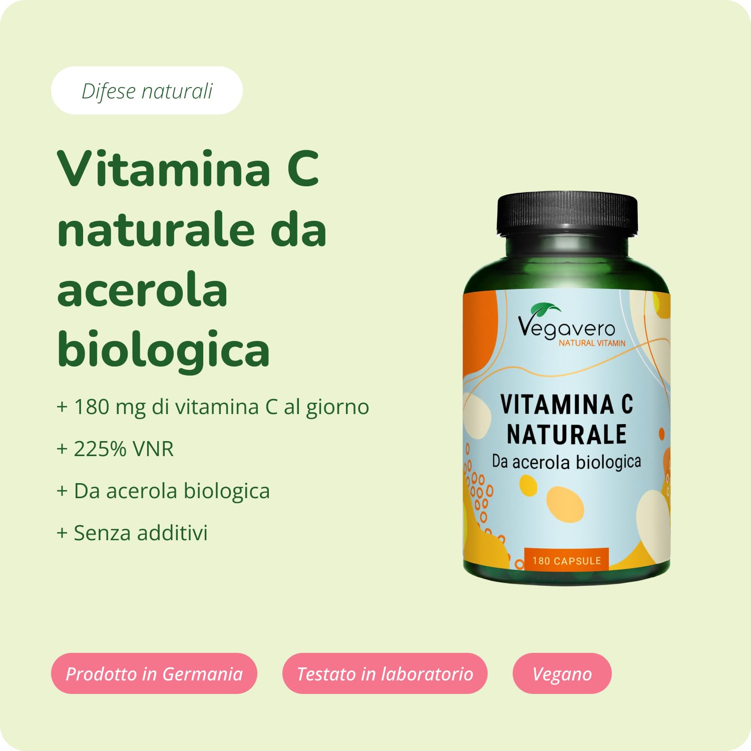 Vitamina C Naturale BIO | 1060 mg di Acerola | L’unica Biologica e Senza Additivi | Integratore per Sistema Immunitario e Antiossidante | 180 capsule | Vegan