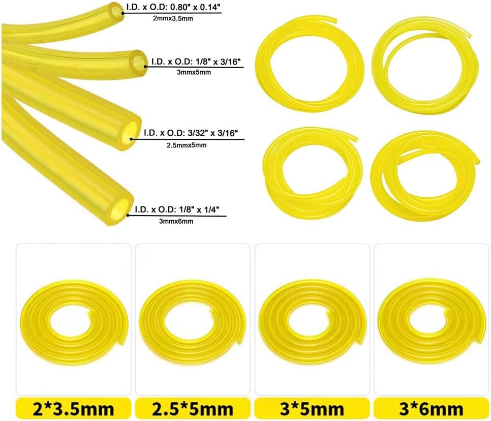 4 Sizes Premium Gas Fuel Line Hose Tubing 4 ft Each, For Small Engine，Poulan, Craftman，String Trimmer Chainsaw Blower Lawn Mower and other Power Tools-Fit Most Brands. (Yellow 4PC 16ft).