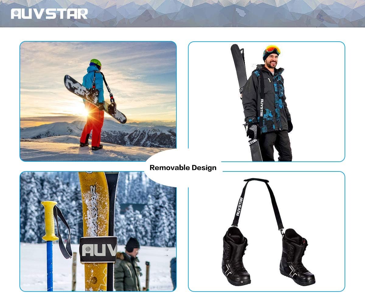 auvstar Invernali Ski Tracolla,Regolabile Portatile Cinghie da Sci,Sci e Pole Strap,Facilmente Trasportare Skis per Sci Carving,Sci da Escursioni,Sci di Fondo,Snowboard,Portasci per Adulti Bambini