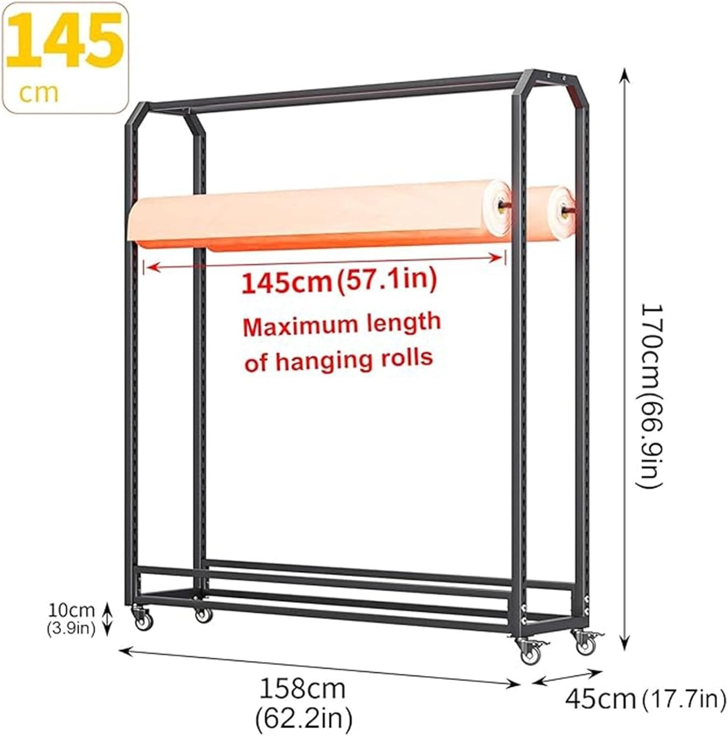 67-Inch Tall Fabric Storage Rack with Adjustable Hanging Rod, Heavy Duty Steel Organizer on Wheels for Vinyl, Leather, Window Film, and Wallpaper - 16 Rods