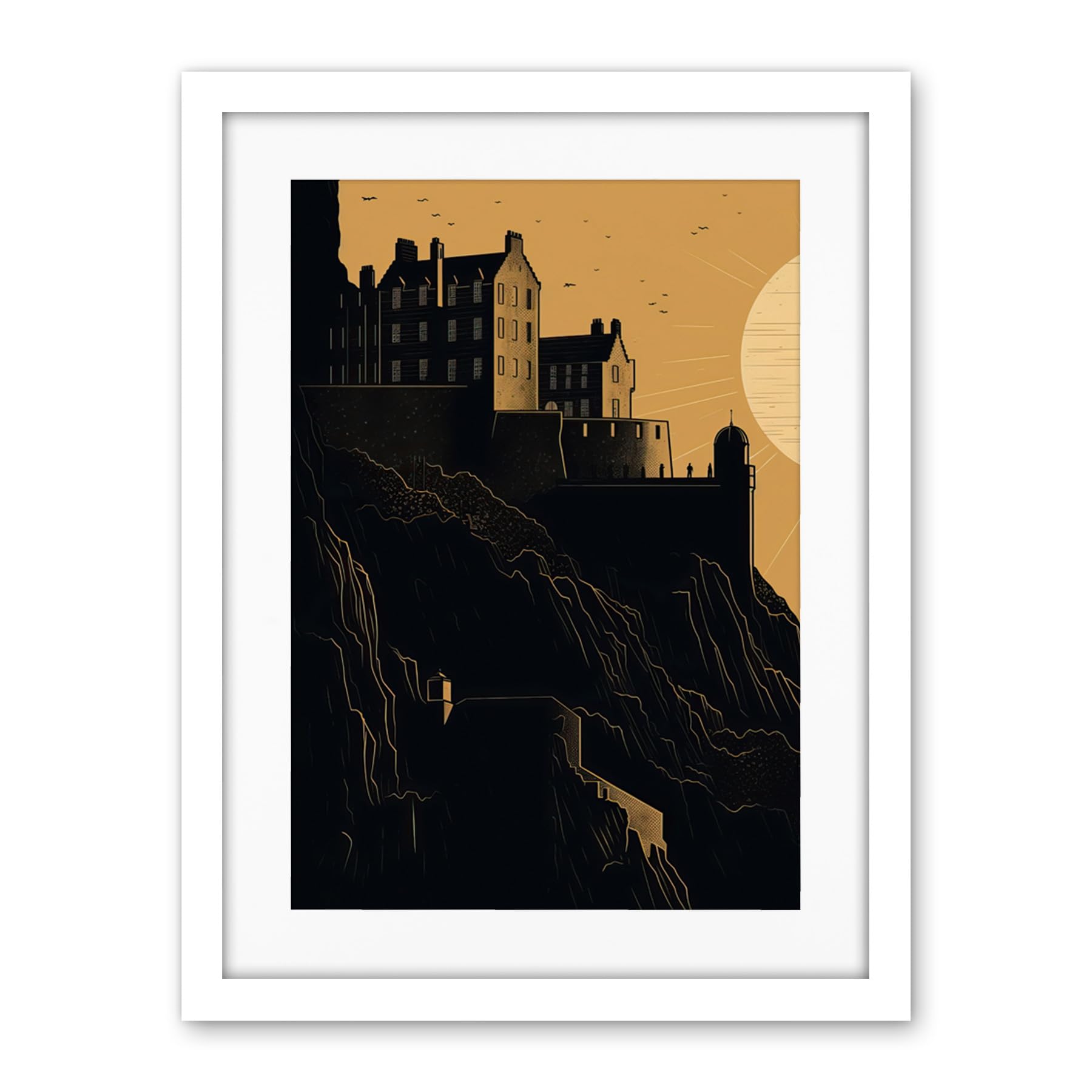 Artery8 Edinburgh Castle at Sunset Linocut Illustration Artwork Framed Wall Art Print 18X24 Inch