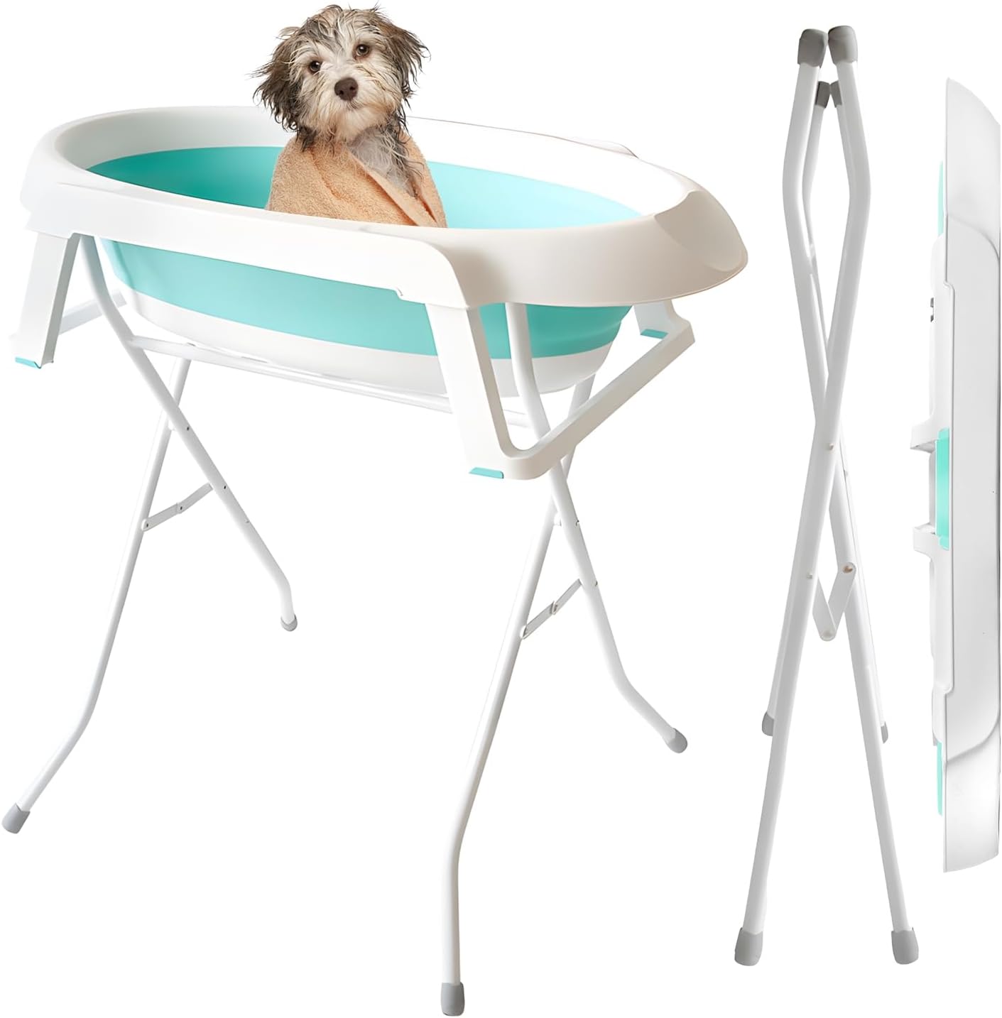 Elevated Dog Bath Tub, 2 in 1 Foldable Pet Washing Station, Portable Dog Grooming Tub with Stand Drain Storage Rack for Small Medium Dogs Cats Indoor Outdoor Blue