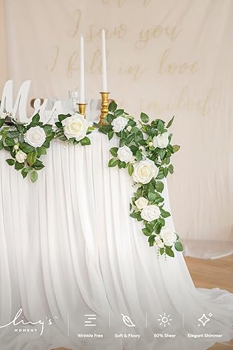 Miniatura 4 de Ling's moment Falda de mesa de gasa blanca de 9 pies, mantel transparente extra largo para patio, boda, recepción, decoración de fiesta de