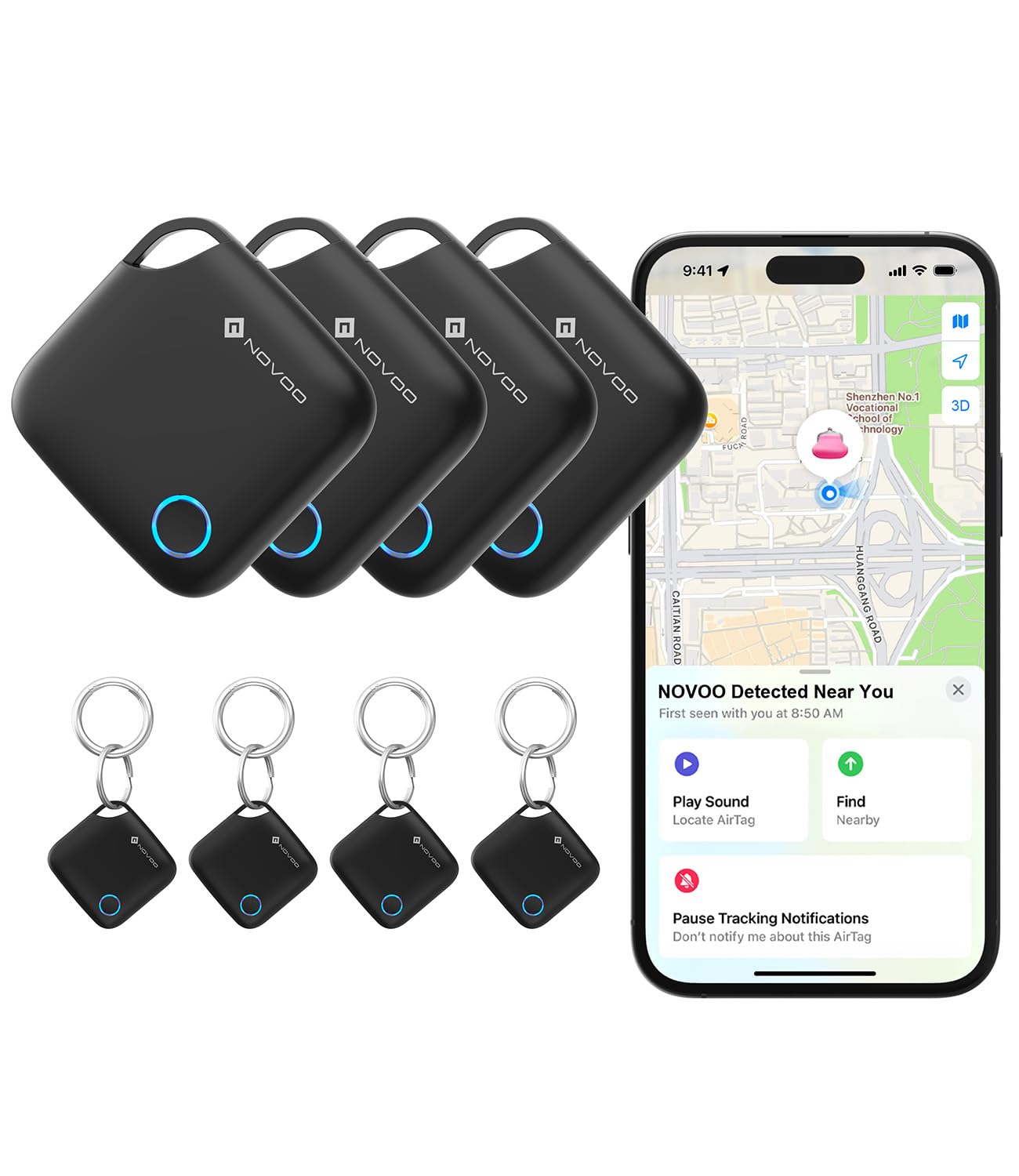 NOVOO Smart Tag Apple Find My Localizzatore Oggetti Allarme 80 dB Batteria Sostituibile Blocco Bambini Tracker Chiavi Portafoglio Bagagli 4 Pezzi