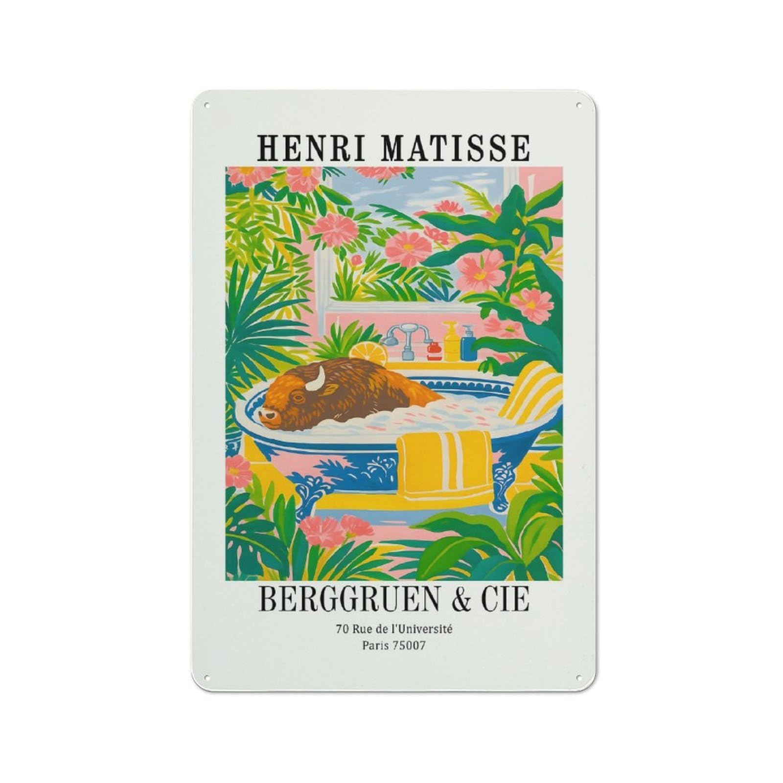 Junmoney Style-24 Smart Henri Matisse Buffalo In Bathtub Office Metal Sign 30X20cm, Creative Space Decor For Home Office, Reading Corner Or Bedroom