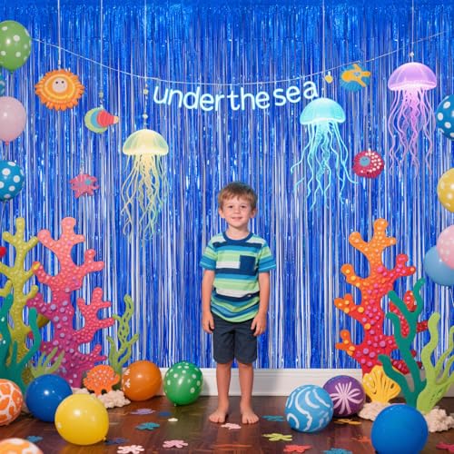 Image of Navy Blue Foil Fringe Backdrop for Party Wall Decorations, Streamer Birthday Photoshoot Background - 3.28 x 6.56ft Tinsel Curtains for Doorway, Baby Shower & Wedding