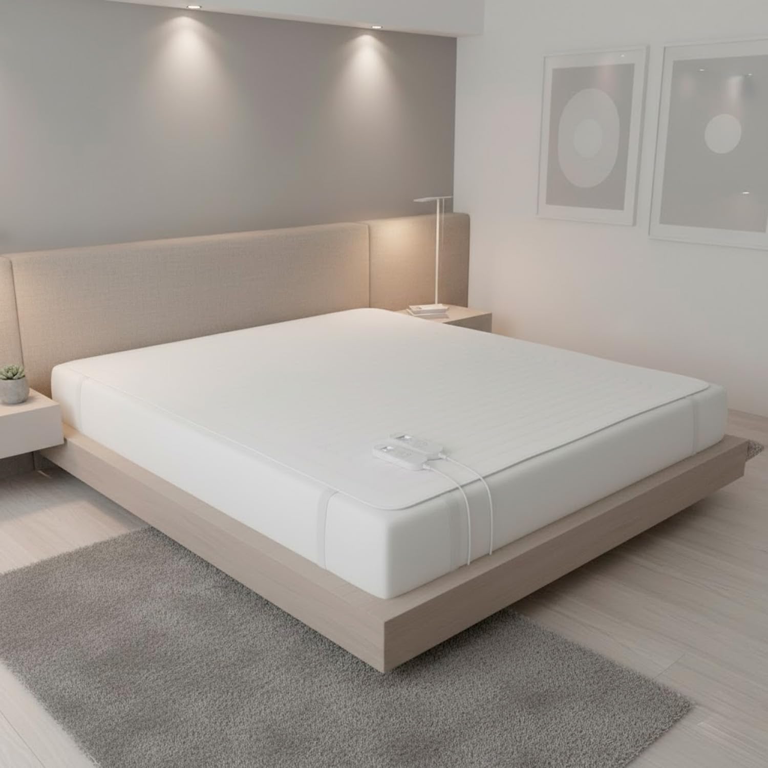 Scaldaletto Elettrico Matrimoniale 170 x 150 cm in Poliestere 9 Livelli di Temperatura 2 Controller Indipendenti Spegnimento Automatico 1-9h Anti-Surriscaldamento Elastici agli Angoli Lavabile Bianco