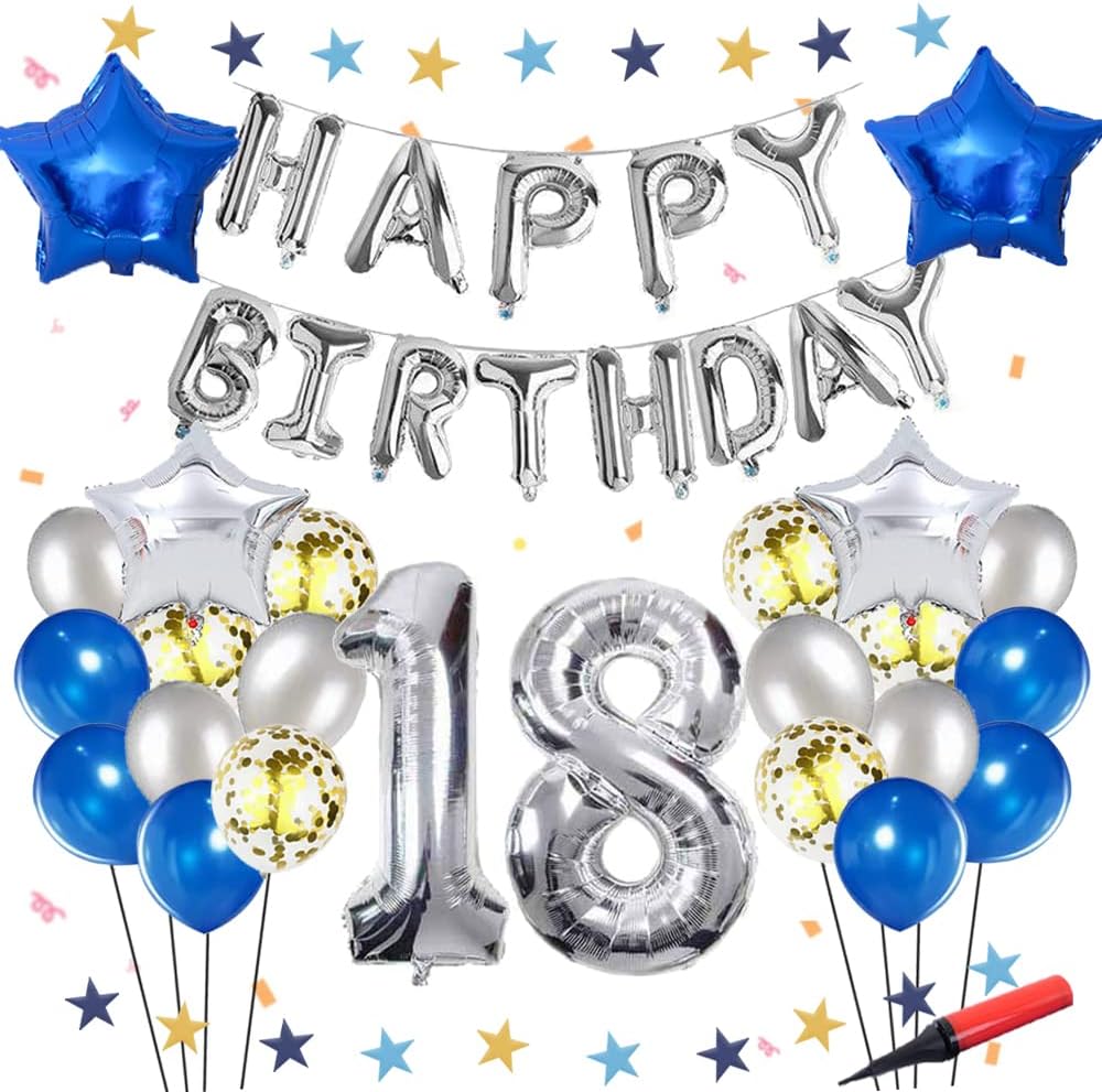 Pratyus 誕生日 風船 飾り付け バルーン Happy Birthdayガーランド ブルー シルバー サプライズ 装飾 パーティー 飾り 18 30歳 男の子誕生日パーティー 空気入れ付き 数字18 22新発 Pratyus 誕生日 風船 飾り付け バルーン Happy Birthdayガーランド ブルー シルバー サプライズ 装飾 パーティー 飾り 18 30歳 男の子誕生日パーティー 空気入れ付き 数字18 22新発