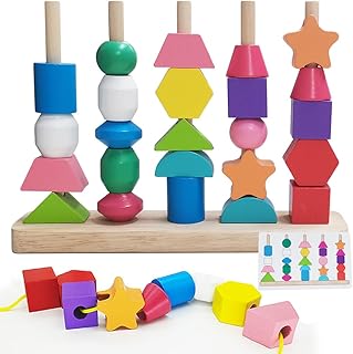Popokeegoo Montessori Wooden Bead Sequencing Set Toys, Stacking Toy & Matching Shapes Colors & Lacing Beads for 2 3 4 5 Year Old, Toddlers STEM Preschool Learning Fine Motor Skills Toys for Boy Girl
