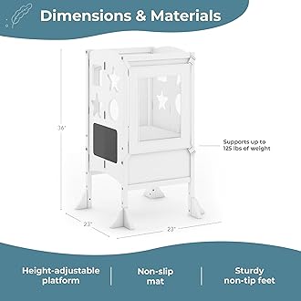 Guidecraft Classic Kitchen Helper® Stool - White with Keepers and Non-Slip Mat: Foldable, Adjustable Height Safety Cooking Tower for Toddlers with Chalkboard | Kids Learning Platform