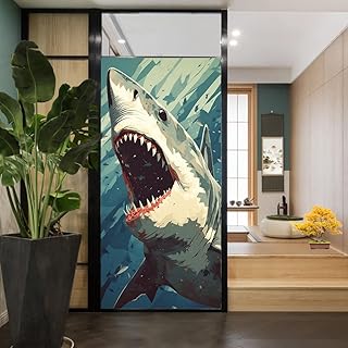 Vintage Shark Window Privacy Film Deepsea Nautical Huge Fish Ocean Stained Glass Window Film Decorative Window Cling for Home Window&Glass Door, Sun Blocking 17.7Wx23.6L