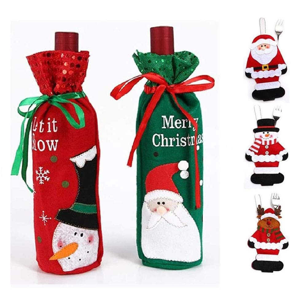 Shinon5Pcs Christmas Table Decorations Set,2pcs Santa Claus&Snowman Champagne Wine Bottle Cover+3pcs Spoon Fork Knife Cutlery Bags Tableware Holders for Xmas New Year Party Dinner Table Decor