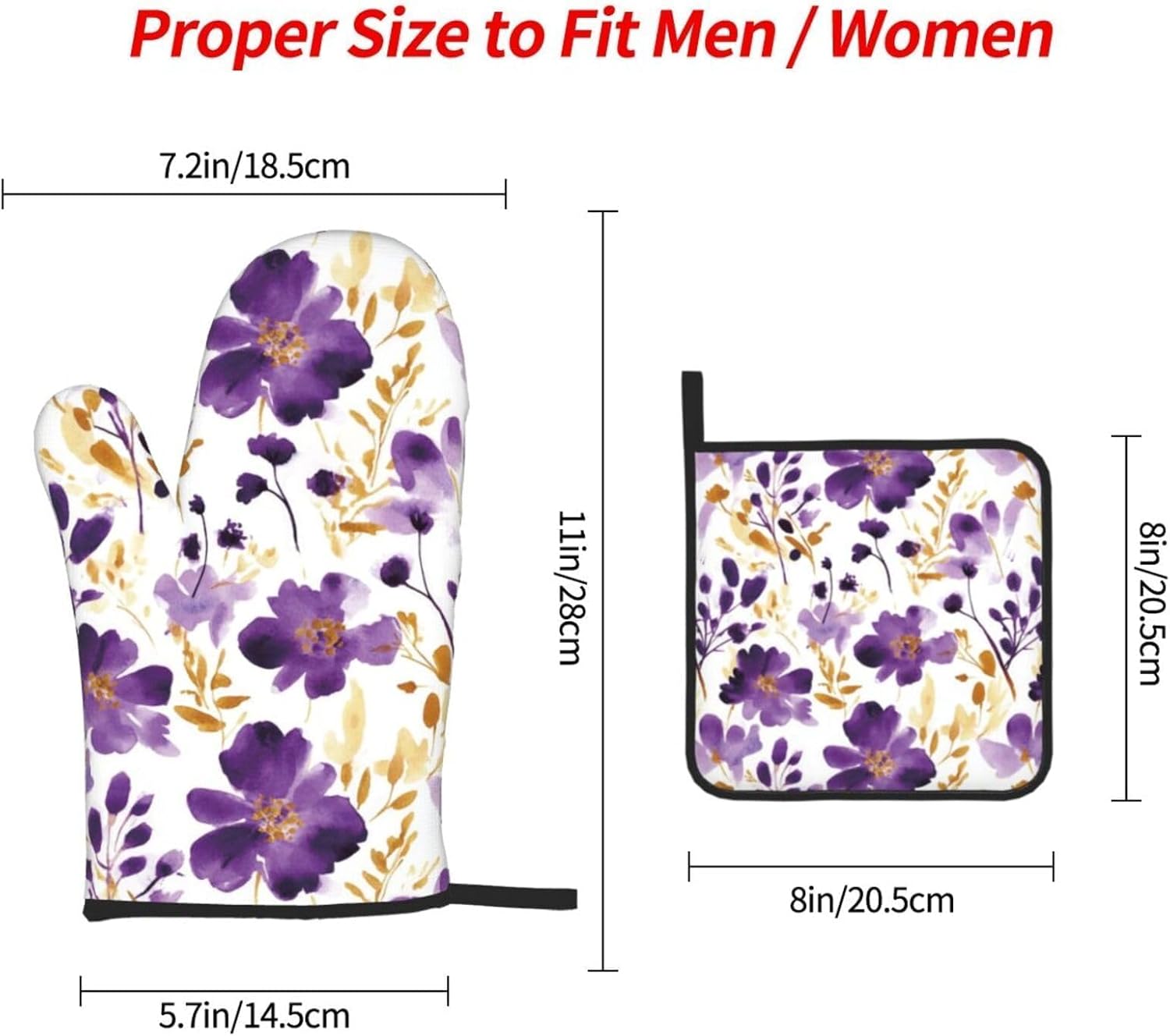 Purple and Gold Floral Oven Mitts and Pot Holders Sets of 3, Non-Slip Heat Resistant Watercolor Flower Design Kitchen Gloves, Gifts for Women Cooking, Elegant Kitchen Decor for Baking Roasting Cooking - Image 8