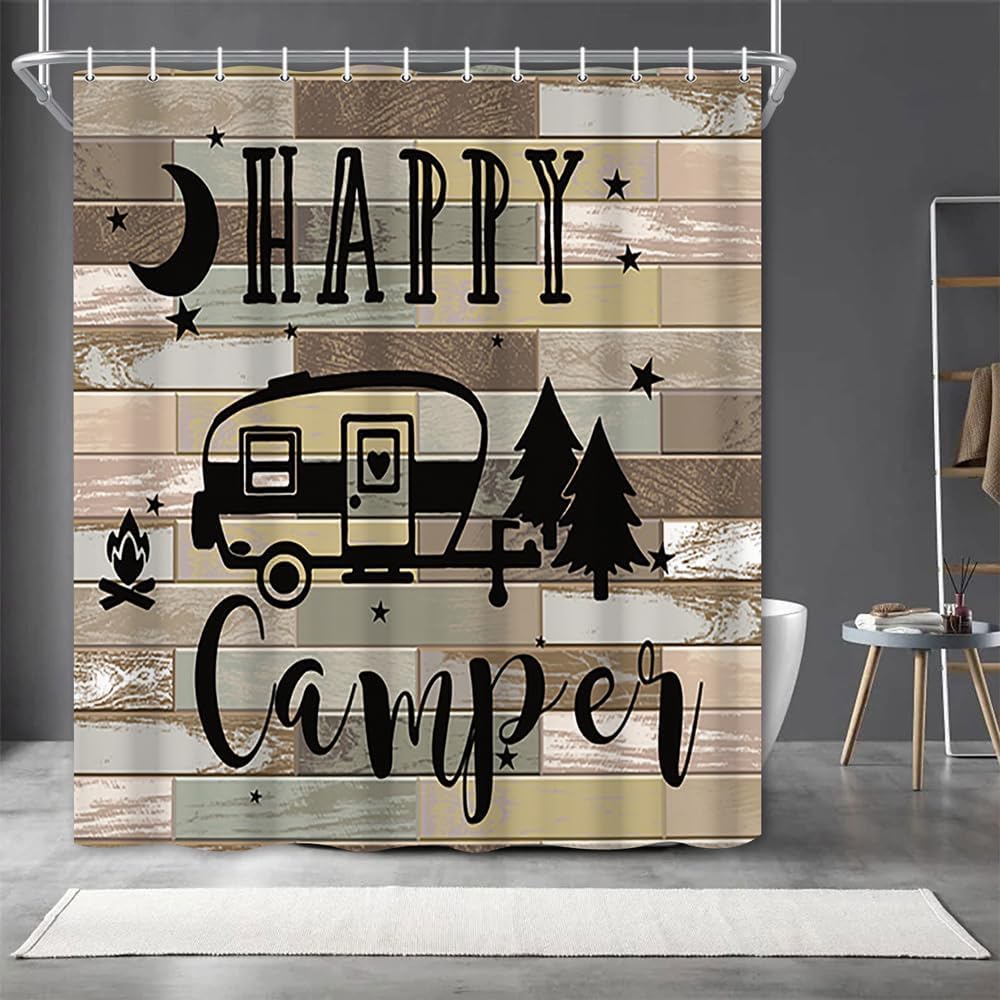 UIYIUI Happy Camper RV Shower Curtain 47x72in-119x183cm Vintage Farmhouse Wooden Travel Trailers Camping Theme Bathroom Decor Curtains, Waterproof Fabric Shower Curtains Set for Stall RV Restroom