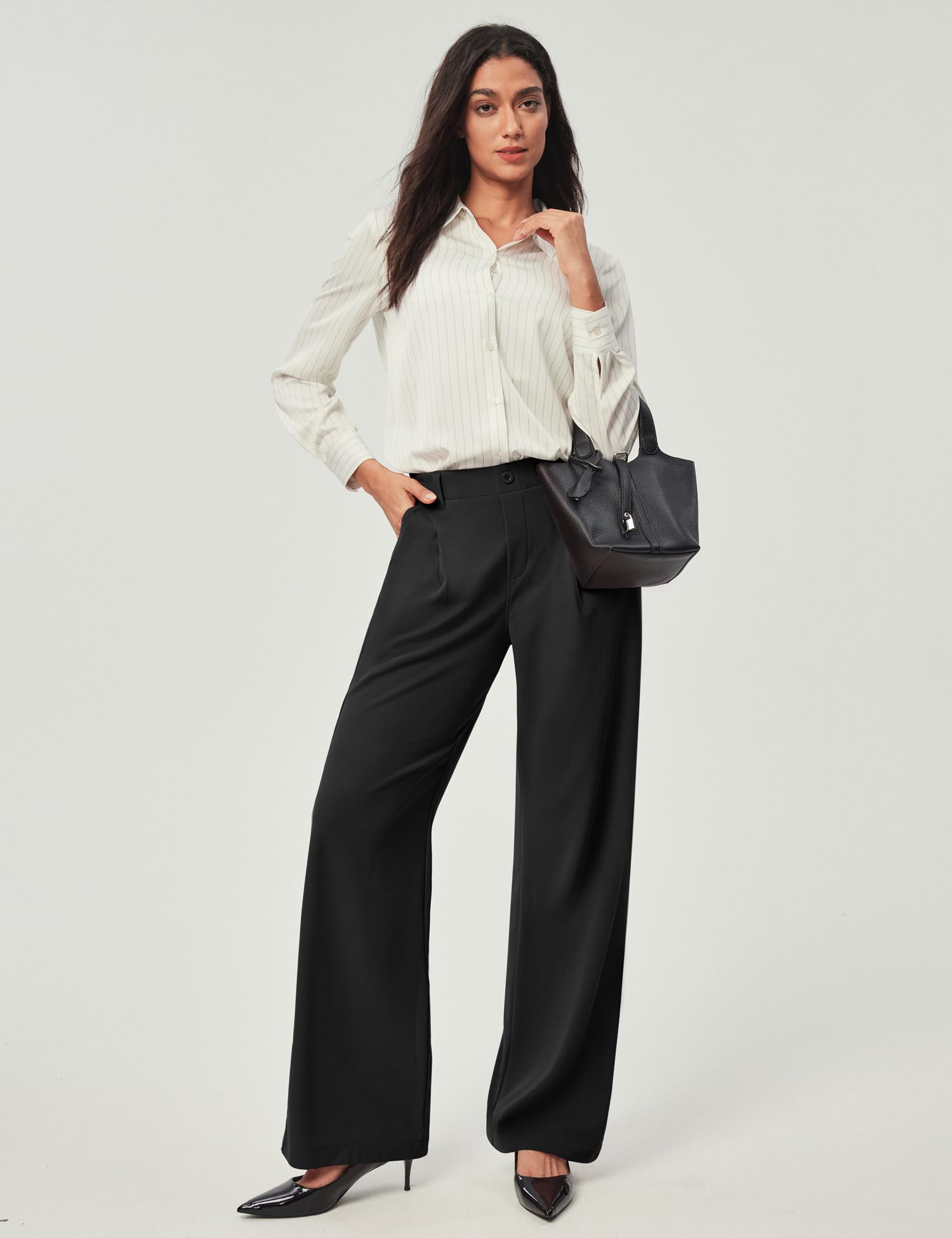 Ewedoos Weite Hosen Damen Stoffhose Elegant Anzughose Wide Leg Stretch Hose Damen Hohe Taille Palazzo Hosen mit Taschen für Büro Freizeit Business Outfit