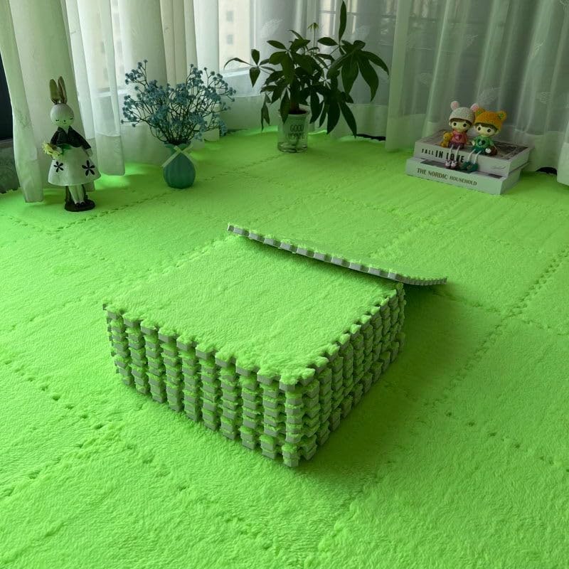 Caswynlife 10 Pack Splicing Plush Foam Floor Mats Easy to Interlocking Carpet Tiles Soft Flannel, For Bedroom Playroom Nursery DIY Layouts(Green)