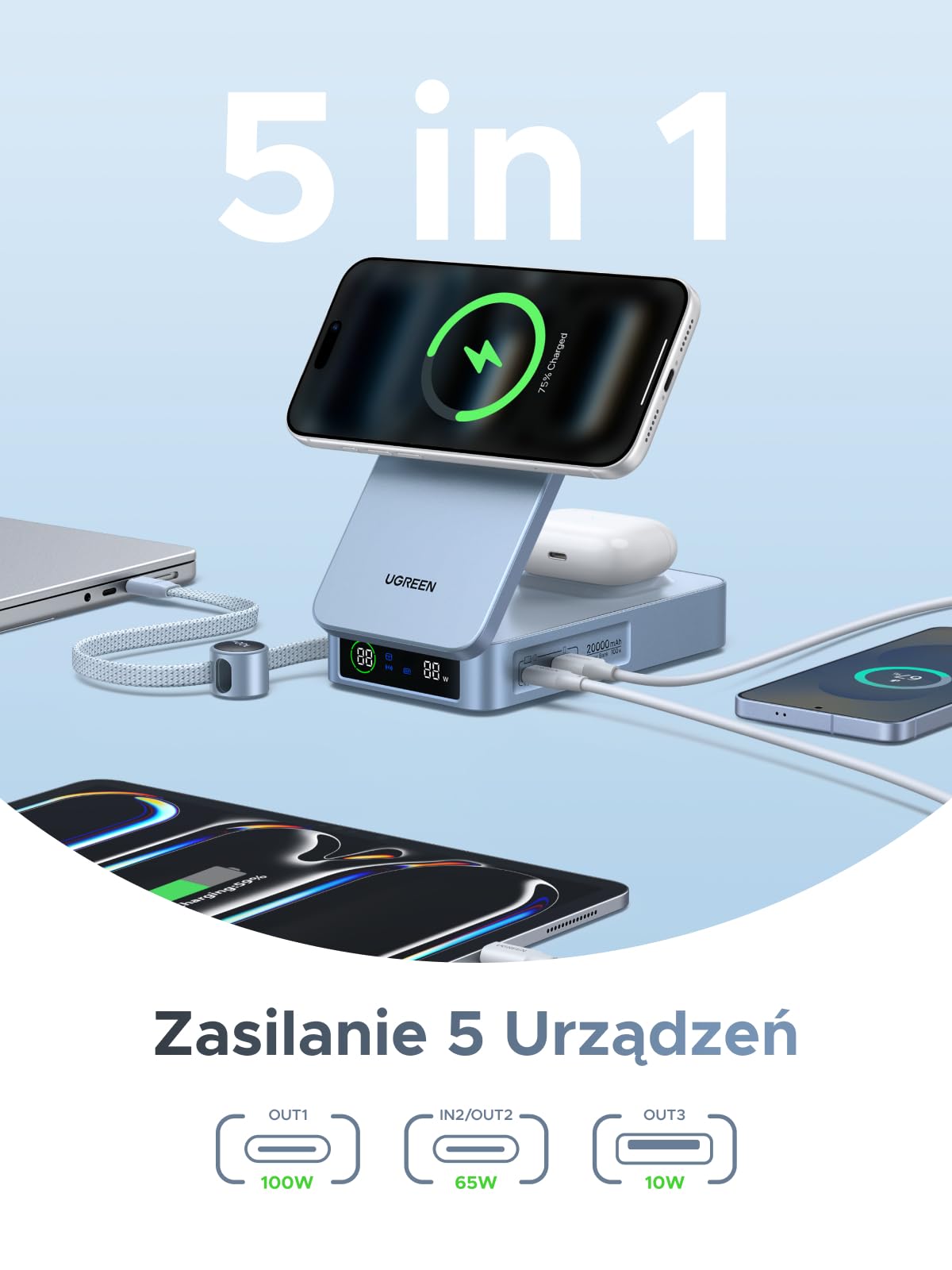 UGREEN MagFlow 20000mAh Qi2 25W Magnetyczny Powerbank z USB-C 100W, AirPods | Certyfikat Qi2, Zintegrowany Kabel, Ekran LED, iPhone 17-12, Airpods, do podróży i dojazdów do pracy