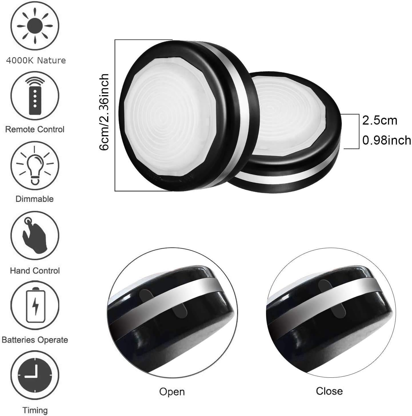 Bjour Wireless Puck Lights Remote Cabinet Light Black LED Stick On Lights RGB Color Changing Under Counter Lighting with Remote Control Battery Operated Closets Light, 6 Pack