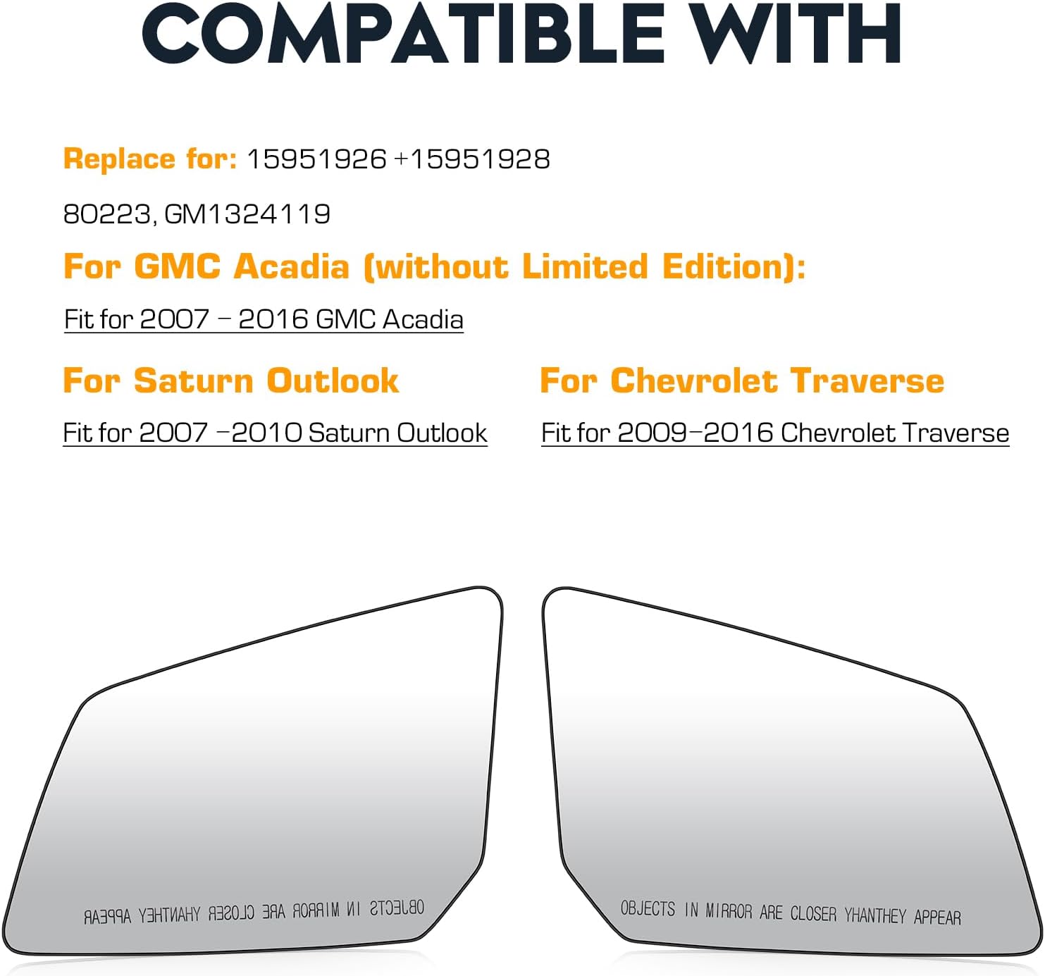 New Driver Left and Passenger Right Side Heated Mirror Compatible With GMC Acadia Chevy Traverse Saturn Outlook Replacement for 15951926 15951928 with Plastic Backing Plate Heated Glass
