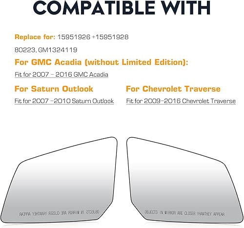 Miniatura 6 de Nuevo espejo calefactable para lado izquierdo y pasajero derecho compatible con GMC Acadia Chevy Traverse Saturn Outlook reemplazo para 15951926