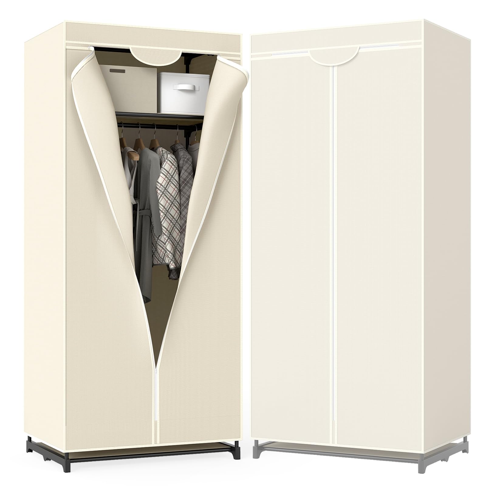 HOMASIS Armario de Tela Plegable,Armario de Ropa Portátil con Cremallera,1 Barra Colgante y 2 Estantes,Organizador de Armarios Ropero para Dormitorio, Vestidor, Salón, 74 x 50 x 172 cm (Beige)