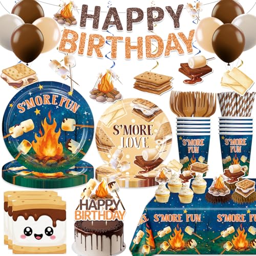 Xynic 213 pcs Smores Party Decorations Tableware Set Smore Love Fun Party Supplies With Banner Cake Topper Plates and Napkins for Camping Themed Party Serves 25 Guests