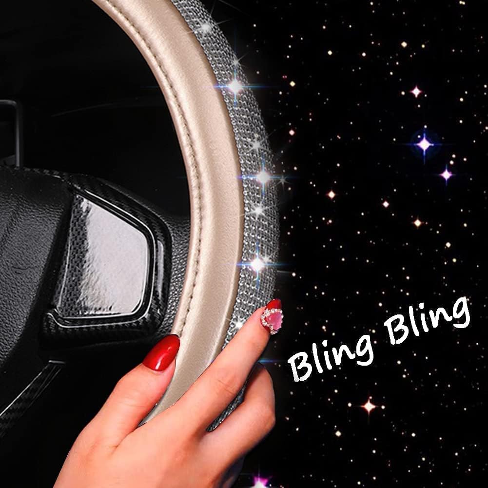 Bling Diamond Leather Steering Wheel Cover, Golden Steering Wheel Covers for Women Girls with Crystal Rhinestones, Universal Fit 14.5-15 Inch Car Steering Wheel Bling Cover Accessories - Image 5