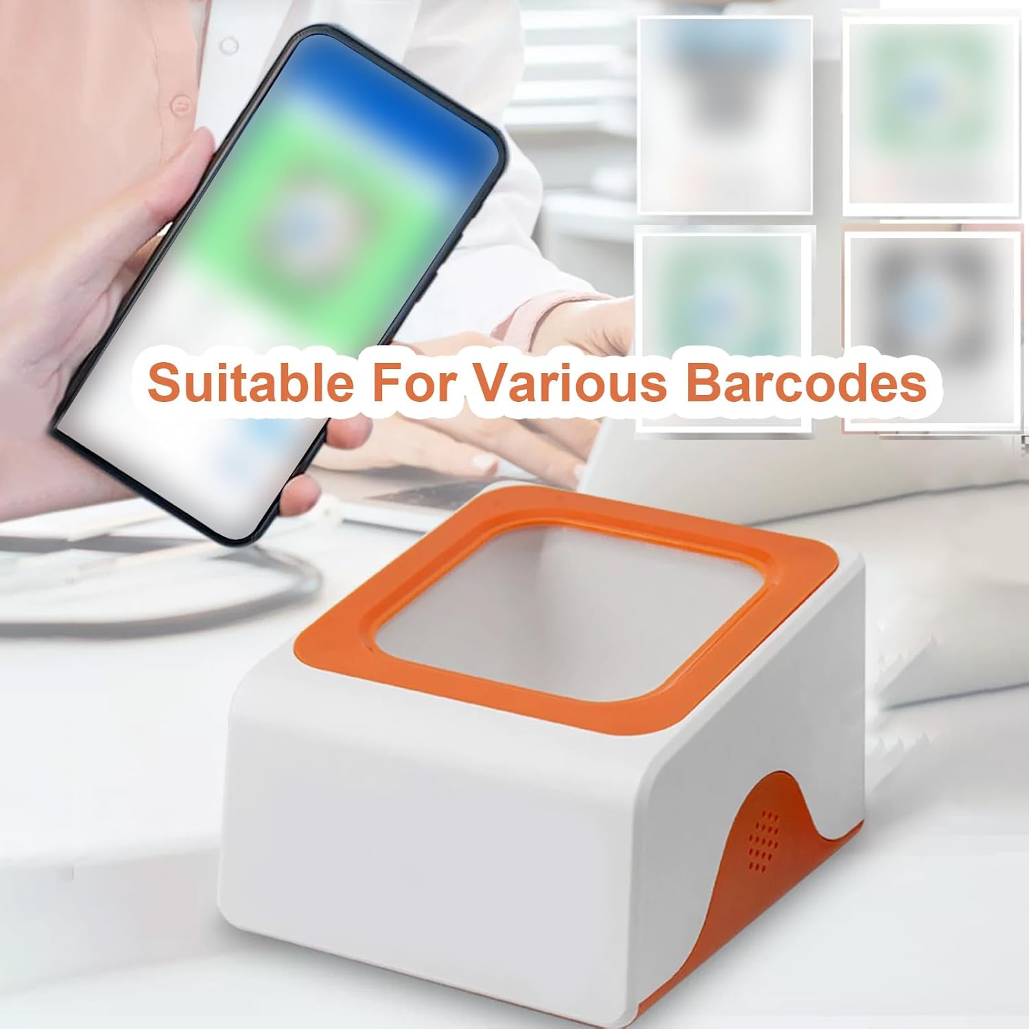 ASHATA Desktop Barcode Scanner scanning various types of barcodes from a smartphone screen, demonstrating compatibility with diverse barcode formats.